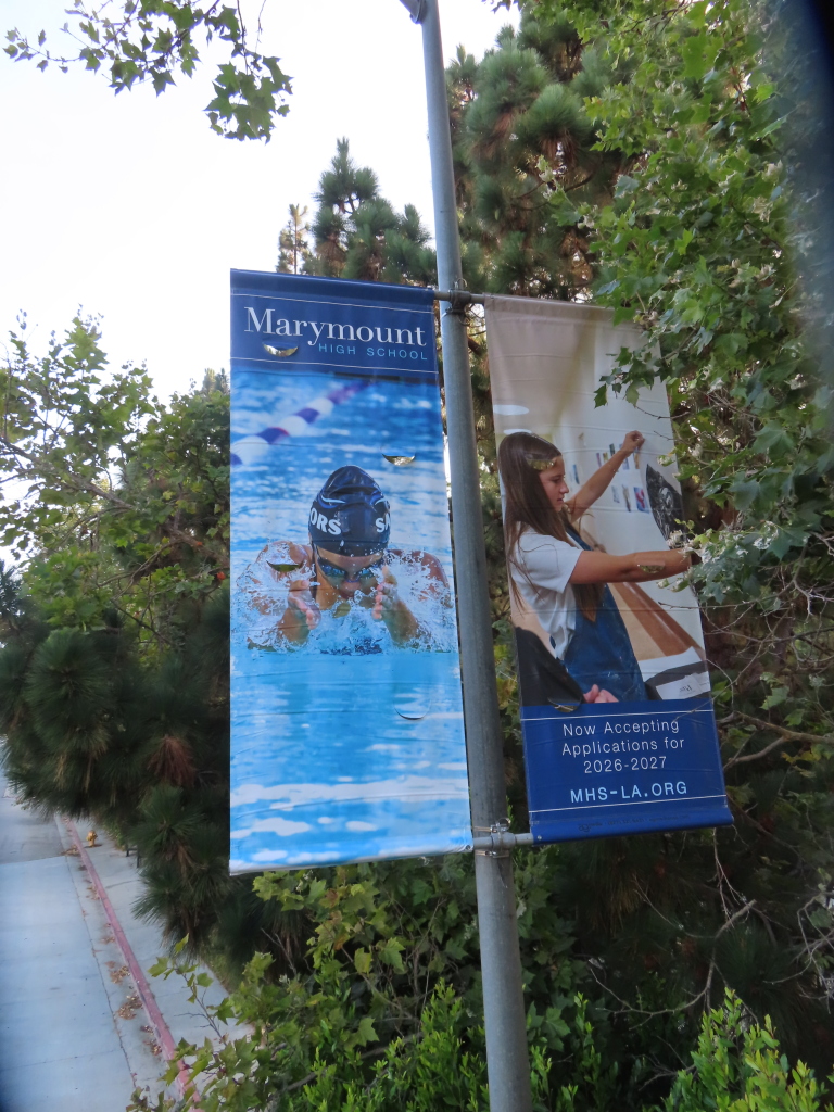 Marymount High School banners featuring swimming and student activities