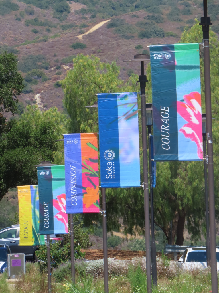 Soka University colorful banners with inspirational messaging